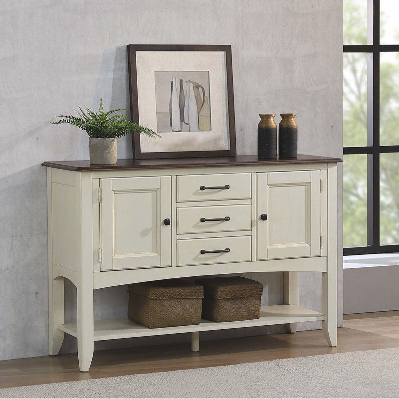 Buffet avec grande tablette Zechari | 3 tiroirs 2 armoires de rangement | Blanc antique et brun châtaignier
