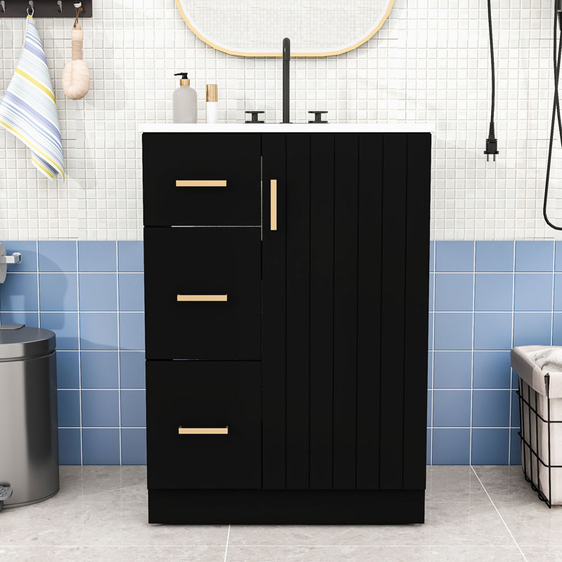 Meuble-lavabo compact avec lavabo en céramique, porte à fermeture en douceur et tablettes réglables, Noir