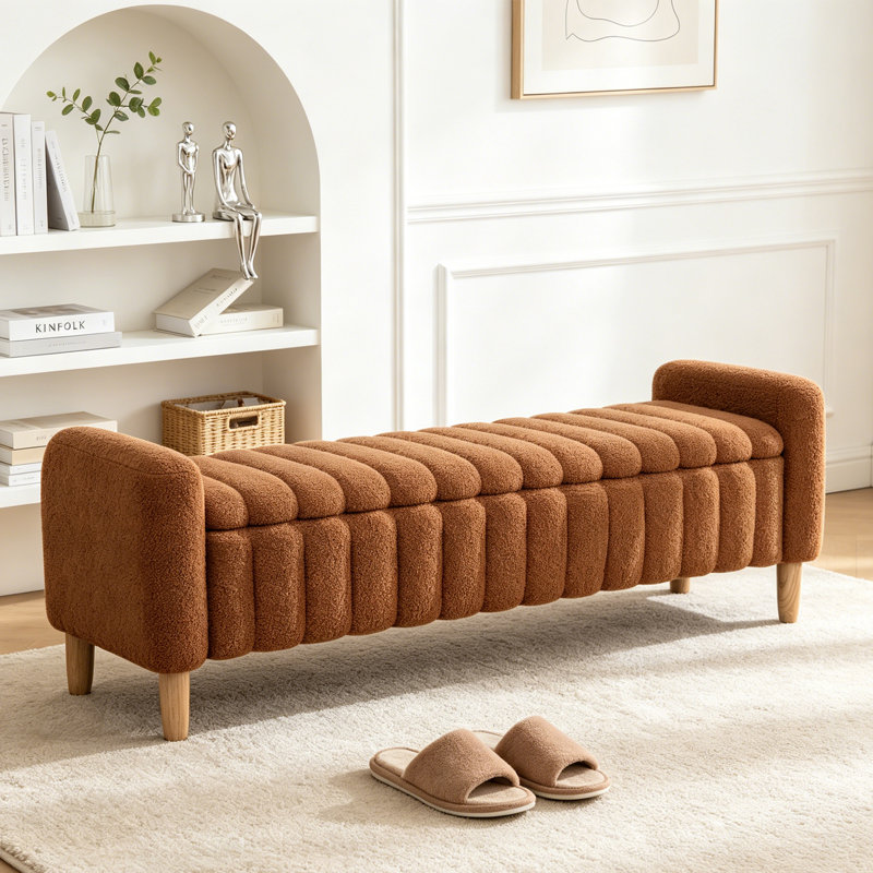 Banc de rangement capitonné avec dessus en bois 63,3 po, Caramel
