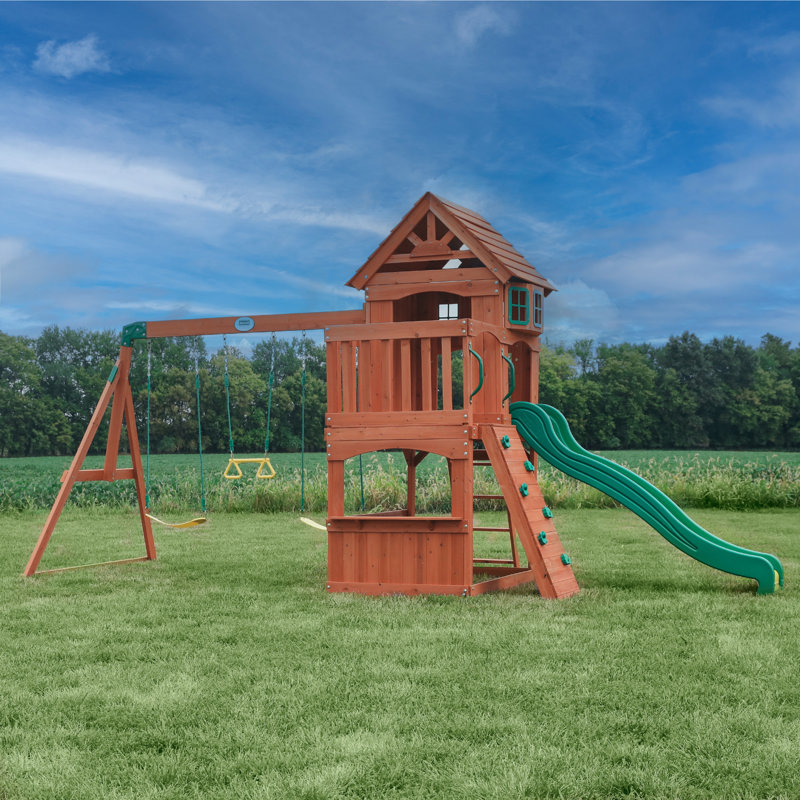 Backyard Discovery Atlantis Cedar Wood Swing Set with Wave Slide, Clubhouse, Rock Wall, and Sandbox Area