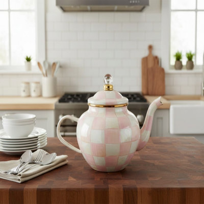 Enamel Teapot – Cute Small Lidded Teapot With 4-Cup Capacity, Featuring Pink-And-White Rosy Check Pattern