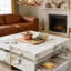 Table basse moderne carrée texturée en marbre avec 4 tiroirs et base suspendue, blanc, 43,3 po