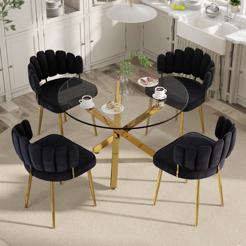 Ensemble de salle à manger rond en verre pour 4-6, Noir, 5 pièces: table, 4 chaises, H 29,95 po x L 39,37 po x l 39,37 po