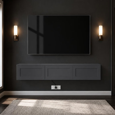 Meuble télé mural flottant avec éclairage DEL et prise de courant intégrée, console média ultrabrillante pour les centres de divertissement de salon
