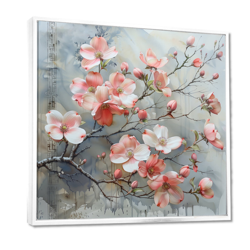 Rose et gris, hivers, Grace Dogwood I - reproduction d'art mural cornouiller, Toile encadrée flottée blanche