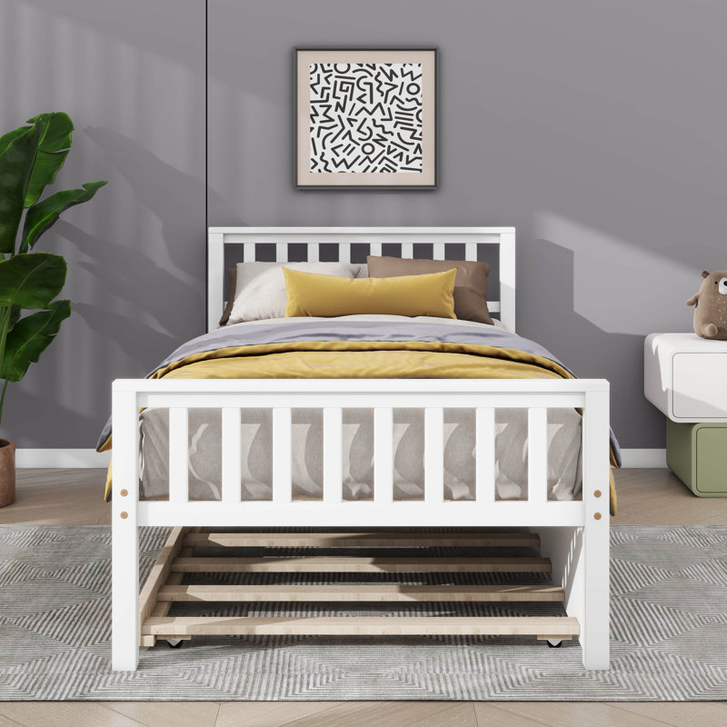 Structure de lit plateforme en bois robuste avec lit gigogne extensible, Blanc