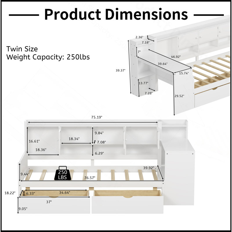 Wooden L-Shape Daybed With Seven Storage Cabinets And Two Storage Drawers, Multi-Functional Bed With Study Desk And Built-In Bookshelf