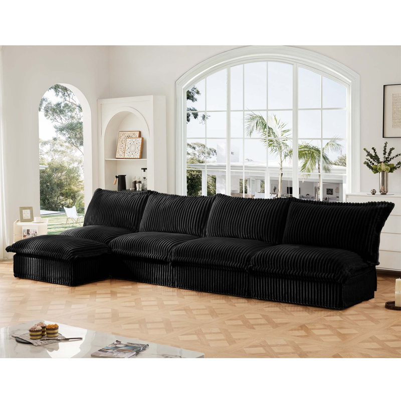Canapé modulaire confortable avec repose-pieds amovible pour le salon, Velours côtelé noir