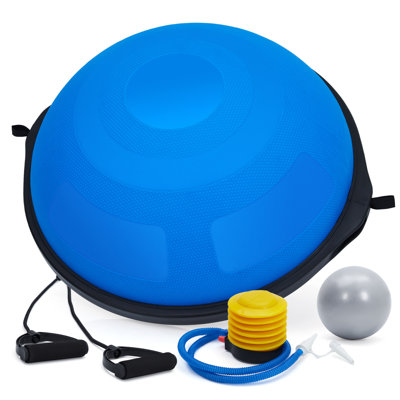 25 Inch Balance Ball, 1600 Lbs Half Exercise Ball with Nonslip Base, Inflatable Half Yoga Ball Strength Training Equipment with 2 Resistance Bands, Foot Pump, Extra Ball Included, Blue
