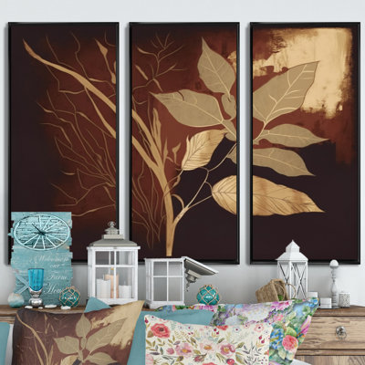«Terra Cotta Chocolate Leaves III», reproduction sur toile 3 pièces
