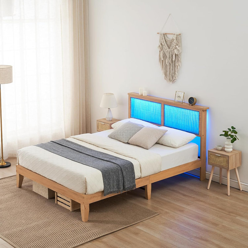 Bed Frame With Natural Rattan Storage Headboard Platform Bed Frame With LED Lights Wooden Support Legs Noise-Free No Box Spring Needed Easy Assembly Oak Color
