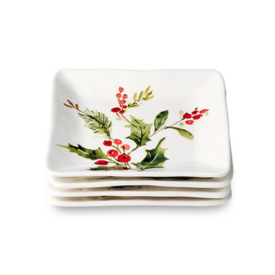 Holly and Vines Christmas Canape Plates Set of 4 – Stoneware Holiday Appetizer Plates with Birds, Berries & Pinecones, Artist-Designed Winter Tableware for Entertaining & Gifting