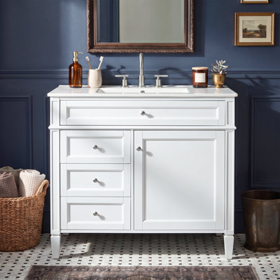 Meuble-lavabo sur pied 36 po avec lavabo en céramique blanc, armoire de rangement moderne avec 2 tiroirs, tablettes de porte, tablette réglable et tiroir basculant, meuble-lavabo simple blanc