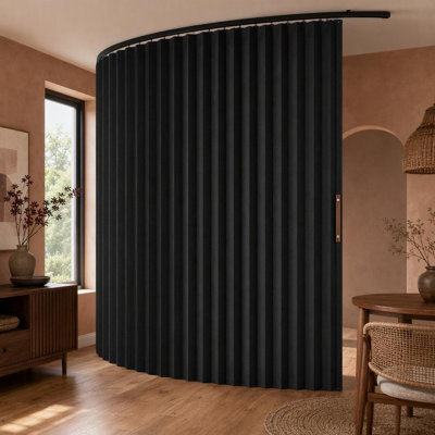 Black accordion-style foldable partition curtain with a ceiling track; easy-install room divider sized 100" W x 84" L, Pack of 1.