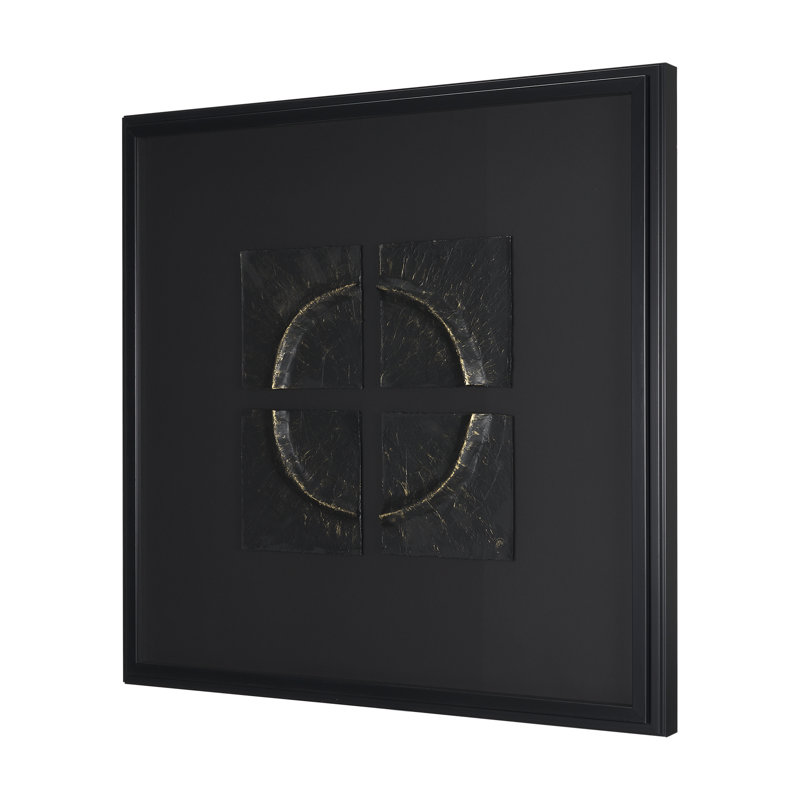 Equal Quadrants White a Handmade Original Framed 3D Textured Artwork under Glass, Black, Equal Quadrants Black
