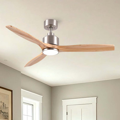 Ventilateur de plafond moderne en bois massif nickel brossé à 3 pales de 52 po avec lumière DEL, moteur DC et télécommande