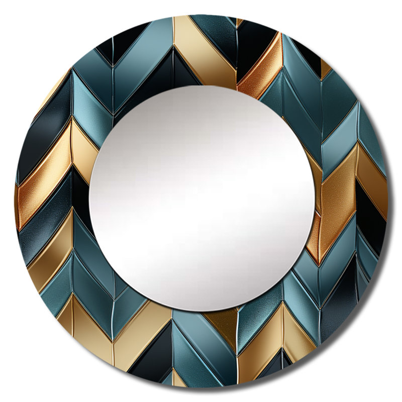 Ruzgar Metallic Chevron Elegance Patter - chevron  Decorative Wall Mirror, Glam Round Mirror, Printed Metal Art, 29" x 29"