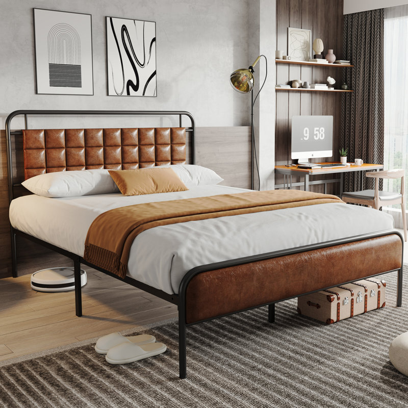 Bed Frame Leather Upholstered Headboard, Brown