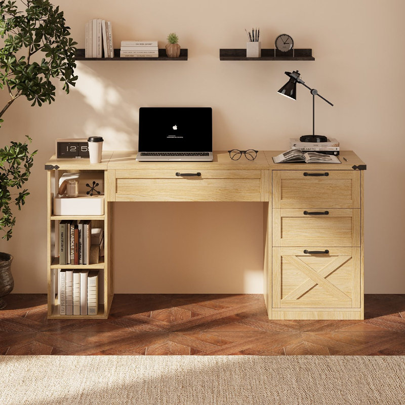 Rustic Wood Standing Desk with 3 Drawers & Open Storage Shelves, Adjustable Height, Home Office Computer Desk for Work, Study, Writing
