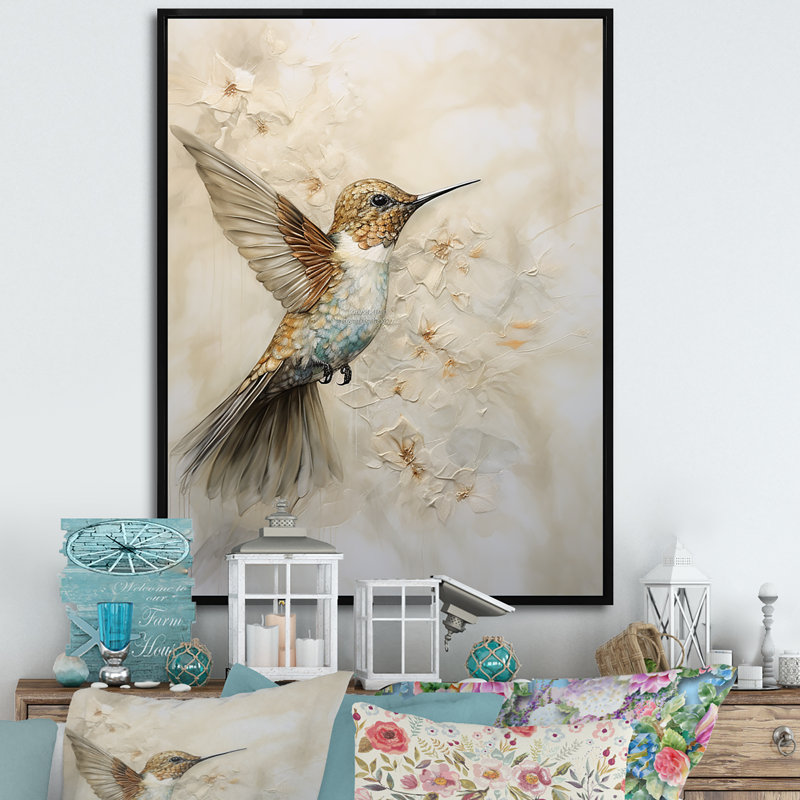 Colibri floral flottant III - Art mural colibri pour le salon, H 44 po x l 34 po x P 1,5 po, Cadre flottant noir