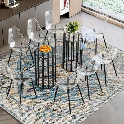 Ensemble de table et de chaises Table de salle à manger ovale en verre trempé de 71 pouces
