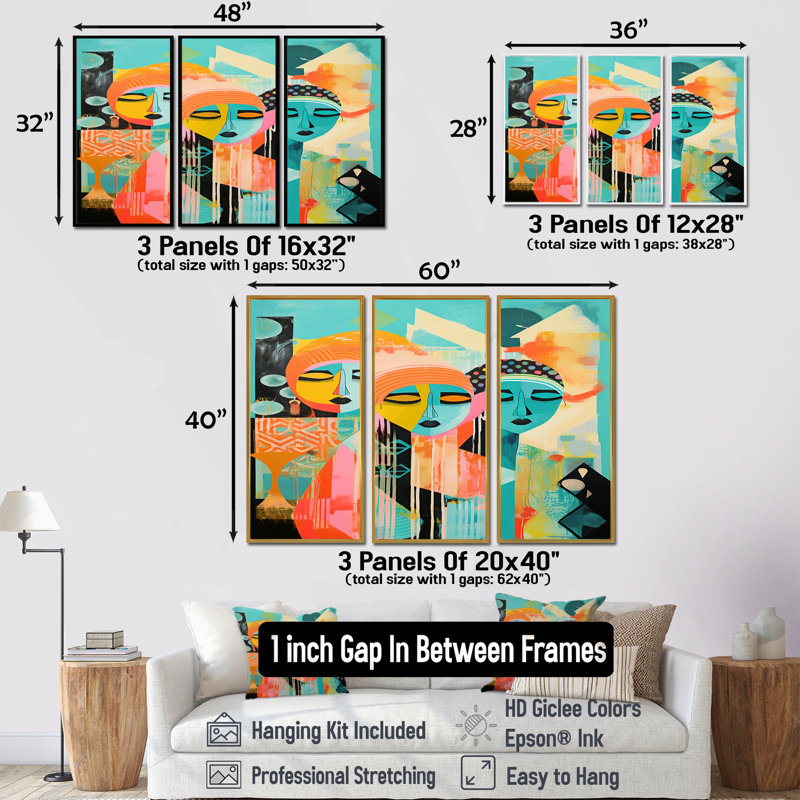 Serene Devotion Three Turquoise Woman Praying - Abstract Collages, impression d'art mural, Cadre flottant doré