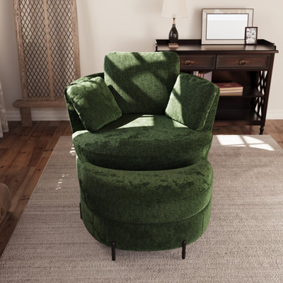Slipcovered Upholstered Swivel Barrel Chair With Ottoman