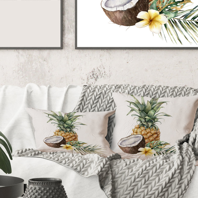 Housse et insert de coussin carré ananas avec noix de coco plumeria et feuilles de palmier, 16" x 16"