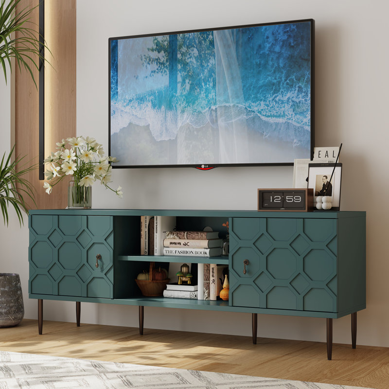 Contemporary TV Stand for 55-75 Inch TVs, Entertainment Center with Storage Cabinets and Open Shelves, Textured Pattern Console for Living Room