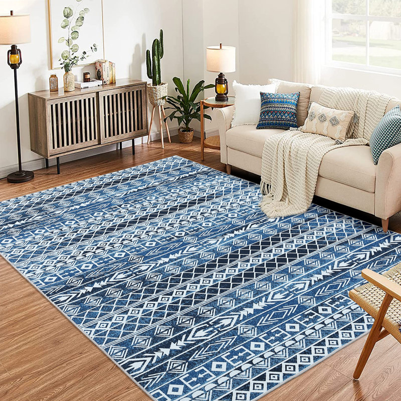Tapis belge en velours belge lavable pliable - antidérapant et antisalissure - ton bleu, Rectangle 9 pi x 12 pi