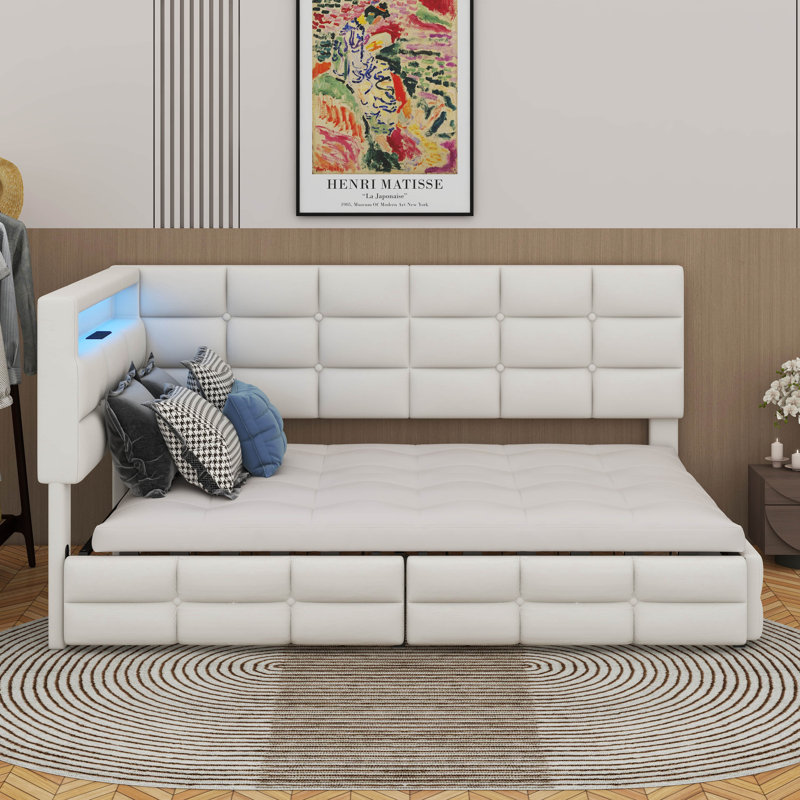 Lit de jour simple avec rangement 2 tiroirs et station de charge, Beige