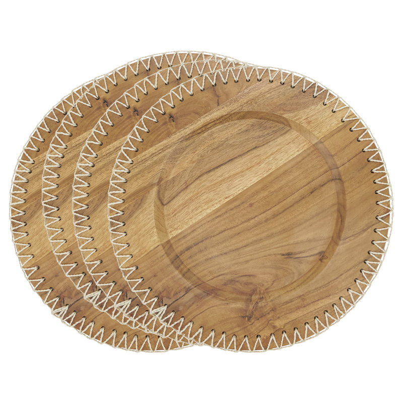 Natural Acacia Wood Rustic Stitched Edge Charger Set