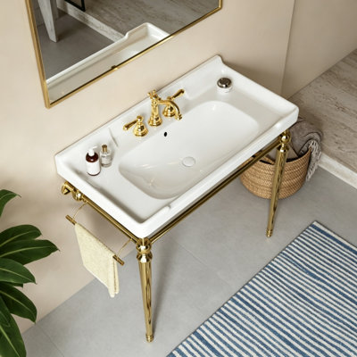 Wall-Mounted Ceramic Console Sink With Stainless Steel Legs And Towel Bar, 3 Faucet Holes, Scratch-Resistant, No Faucet & Cover, Gold Finish