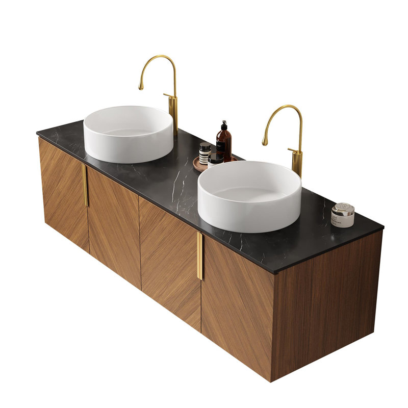 Meuble-lavabo mural avec lavabo rond en céramique, Blanc