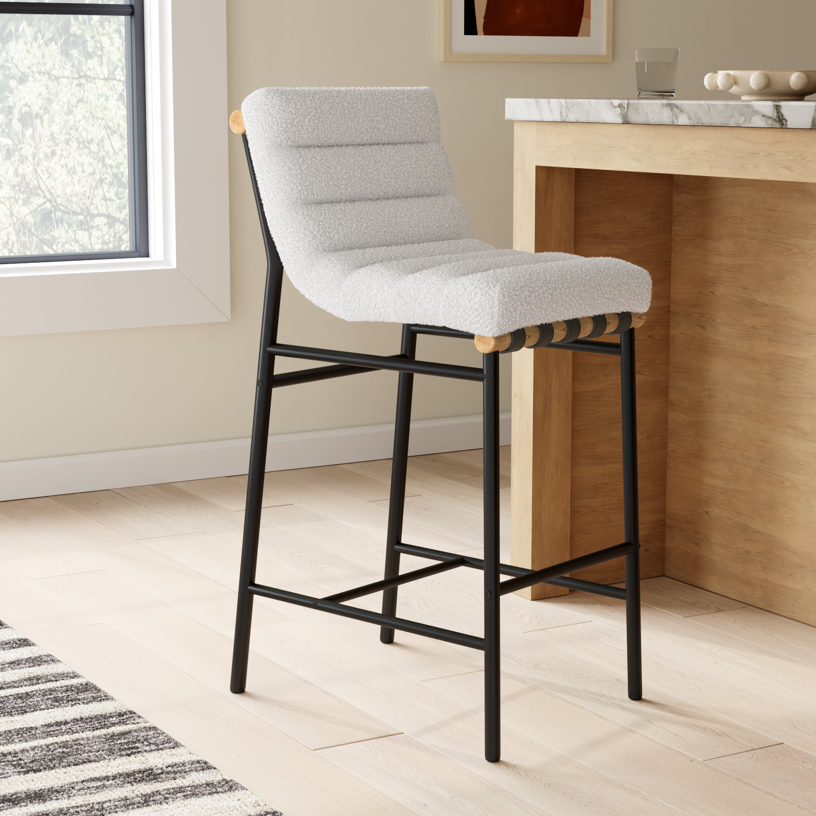 Bar Stool, Cream Boucle, Bar Stool (29.9" Seat Height)