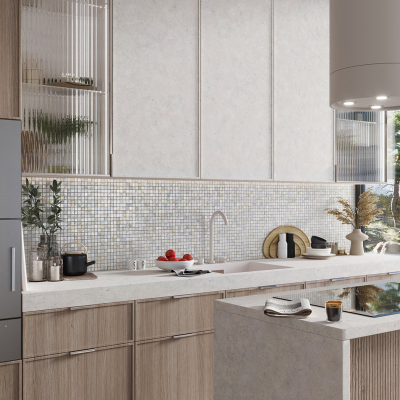 12" x 12" Seashell Grid Mosaic Wall & Floor Tile, White/Beige