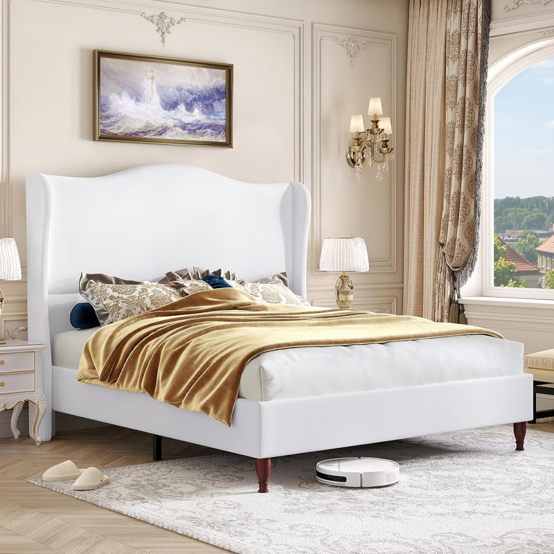 Base de lit plateforme à oreilles avec grande tête de lit grand et blanc, Grand lit, White