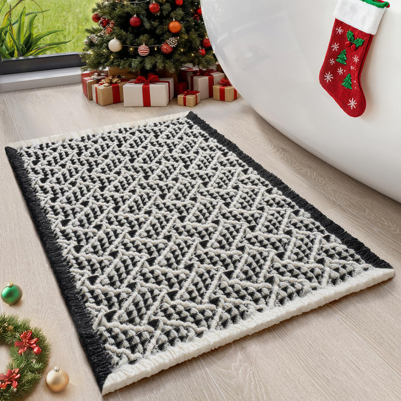 Tapis de bain gaufré, tapis de salle de bain Boho très doux et absorbant, tapis de bain lavable antidérapant, tapis de salle de bain à envers en caoutchouc, tapis de douche extérieur 17 x 24