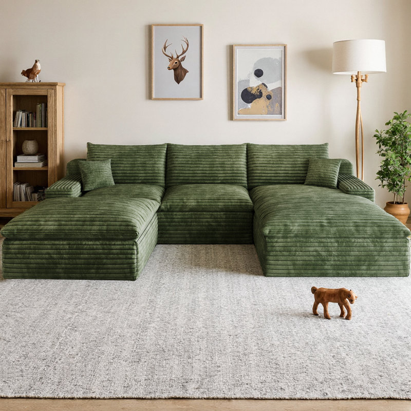 Canapé modulaire en forme de U de 106 po avec méridienne droite et repose-pieds, structure à double couche en velours côtelé, coussin amovible, aucun assemblage requis