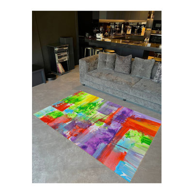 Multi Colour Oil Paint Look Woven Base Modern Decorative Machine Washable Area Rug