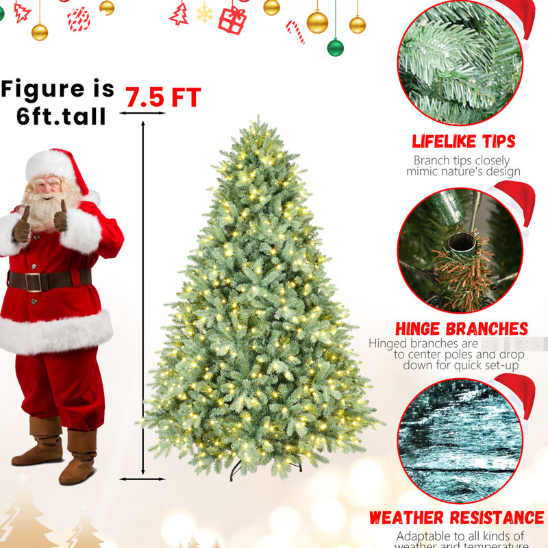 Arbre de Noël 48 pouces bleu avec 150 lumières, 592 pointes, assemblage rapide, support en métal fiable 4 pi avec lumières à DEL pe + blanc à charnières, stable pour les fêtes