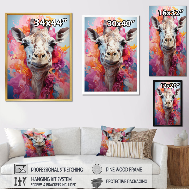 Multicolore girafe pastel Giants - Girafe sur toile, art mural, Cadre doré simple, H 44 po x l 34 po x P 1,5 po