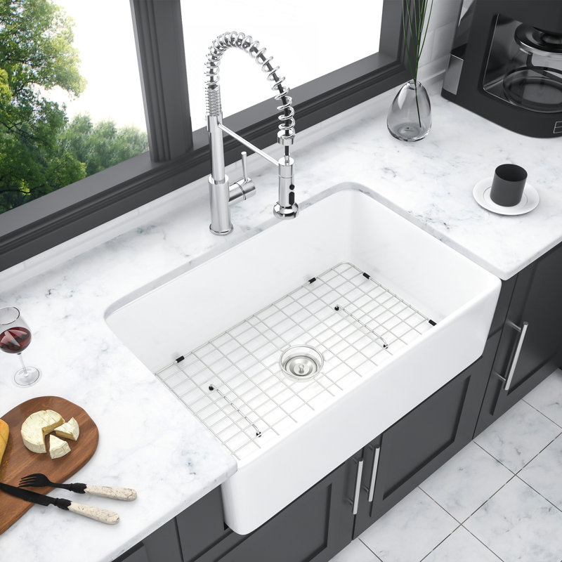 White Ceramic Sink 30 Inch - Apron Front For Kitchen Reversible Single Bowl And Elegant Quality Stylish Design