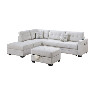 3 L-shaped Sectional For Living Room, Burlap-like Material, Back, Storage , Reversible Chaise, With , Nailhead Trim, Contemporary, 5 Seats, Pillows Included Upholstery, Nailheads,