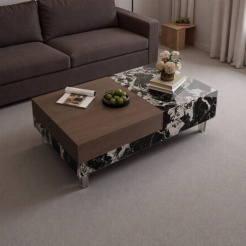 Table basse rectangulaire avec rangement en acrylique, Black/White/Brown, 15.74" H x 51.18" L x 29.52" W