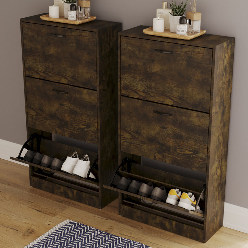Vida 3 Drawer Flip Down Shoe Storage Free Standing Cabinet For Hallway, 118" H x 60" W x 24" D, Dark Wood