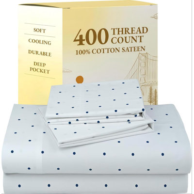 Polka Dot Pattern Queen Sheet Set, 400 Thread Count Satin 100% Cotton, Deep Pocket Design For Durability.