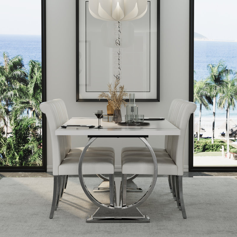 Ensemble de table de salle à manger 7 pièces blanc et argent avec 7 chaises en cuir blanc, 7 pièces: table, 6 chaises, Blanc