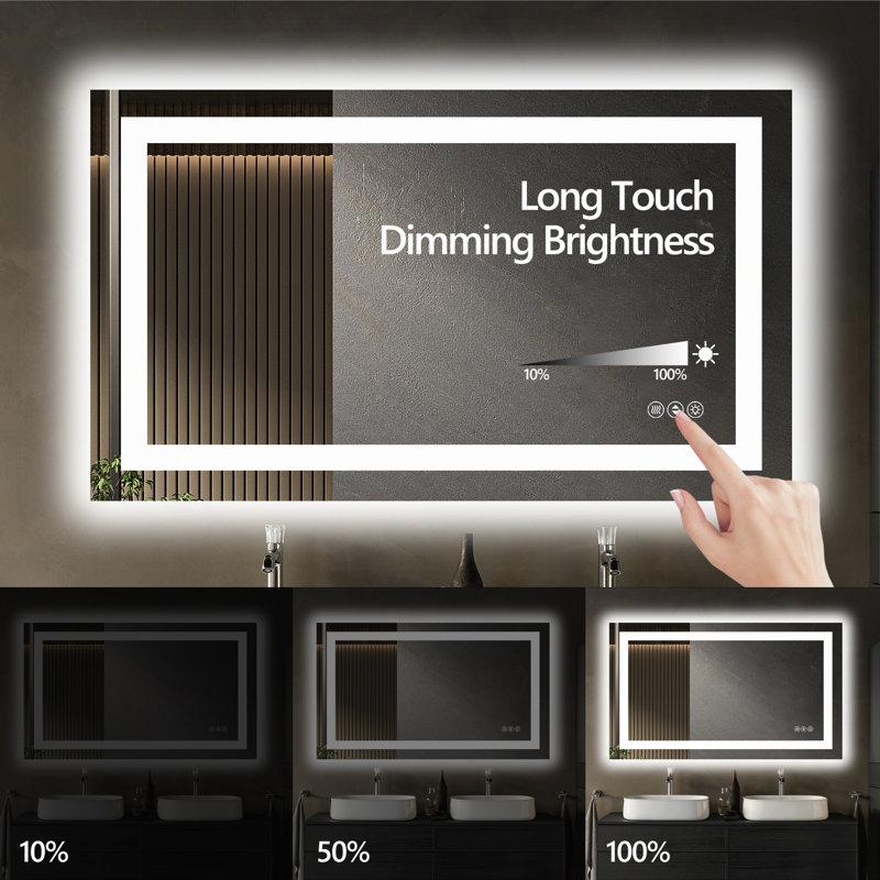 Devonnte Rectangle LED Wall Mirror, Dimmable Vanity Lighted Mirror, 48" x 30"