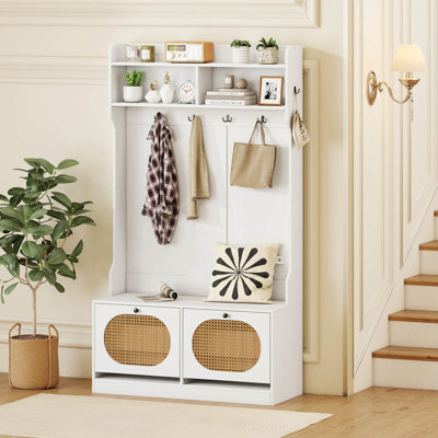 4-In-1 Hall Tree Entryway Bench with Coat Rack & Flip Drawers 6 Dual-Hook Hangers White